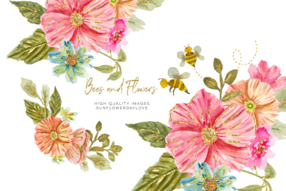 Bee Pink Flowers Watercolor Clipart for Creative Workflows