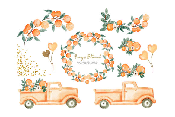 Orange Summer Watercolor Clipart, Truck and CA052 Bee Happy Botanical: Versatile Digital Assets for Creative Projects